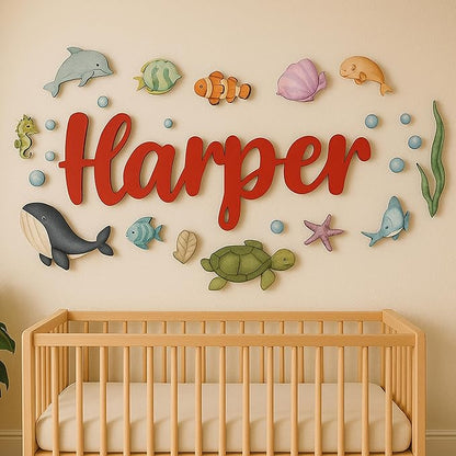 Custom Nursery Name Sign with Themed Decor Kit | Personalized Wooden Wall Art for Baby, Kids Room | Space, Jungle, Circus, Under the Sea, Woodland, Rainbow (50", Under the Sea)