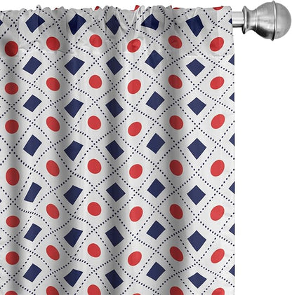 Ambesonne Abstract Window Curtains, Big Red Dots Squares and Dashed Lines Geometric Tile Print, Lightweight Decor 2-Panel Set with Rod Pocket, Pair of - 28" x 95", Dark Blue Navy