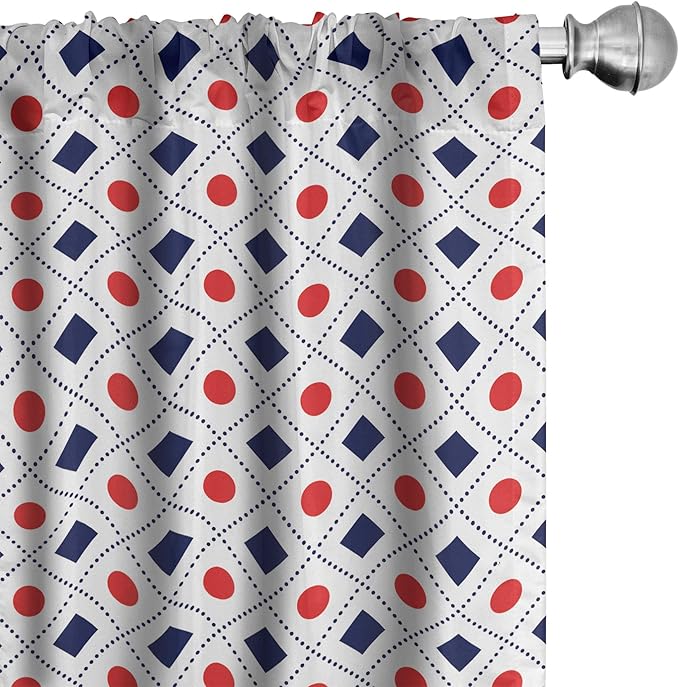 Ambesonne Abstract Window Curtains, Big Red Dots Squares and Dashed Lines Geometric Tile Print, Lightweight Decor 2-Panel Set with Rod Pocket, Pair of - 28" x 63", Dark Blue Navy