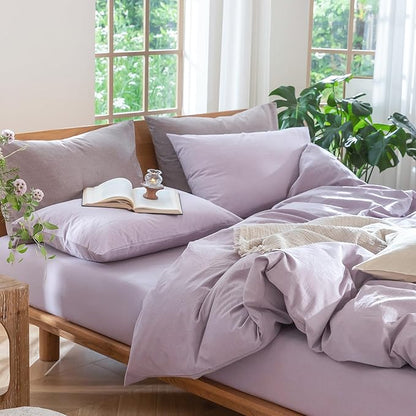 MooMee Bedding Duvet Cover Set 100% Washed Cotton Linen Like Textured Breathable Durable Soft Comfy (Heathered Light Purple, King 104"x90")