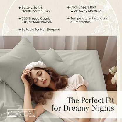 300 Thread Count 100% Organic Cotton Twin Sheets Set for Twin Mattress, 15" Deep Pocket Sheets, No Pilling & Shrinkage, Machine Washable Fade Resistant Luxury Hotel Bedding – Silver
