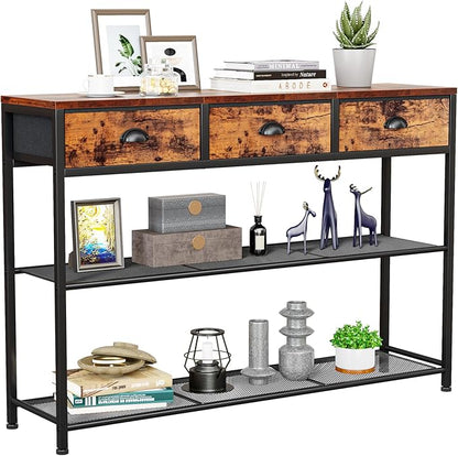 Furologee Entryway Table, 38'' Console Sofa Table with 3 Fabric Drawers, Industrial Entry Way Table with Storage Shelves, Display Shelf for Living Room, Hallway, Entrance, Foyer, Rustic Brown