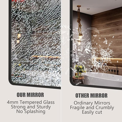 60x28 Black Framed Bathroom Mirror, Large Matte Black Bathroom Vanity Mirror for Wall, Rounded Rectangle Bathroom Mirror, Shatterproof (Horizontally/Vertically)