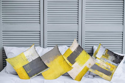 Ambesonne Modern Throw Pillow Cushion Case Pack of 4, Abstract Grunge Themed Geometric Squares with Paintbrush Stroke Effect Ornament, Modern Accent Double-Sided Digital Printing, 20", Yellow Grey