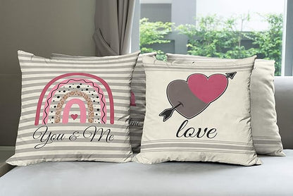 Ambesonne Romantic Throw Pillow Cushion Case Pack of 4, Love Hearts Arrow You and Me Be My Valentine Hugs Kisses Lettering Print, Modern Accent Double-Sided Digital Printing, 16", Ivory Taupe and Pink