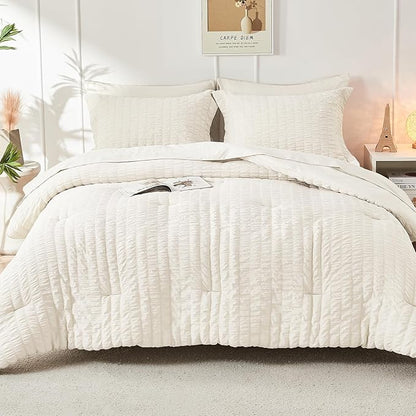 HYMOKEGE Ivory Twin Comforter Set Seersucker 5 Pieces, All Season Luxury Bed in a Bag for Bedroom, Bedding Set with Comforters, Sheets, Pillowcase & Shams