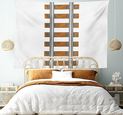 Lunarable Train Tapestry King Size, Vertical Tracks Railroad for Trains Ways of Transportation in The Old Days, Wall Hanging Bedspread Bed Cover Wall Decor, King Size, Brown White