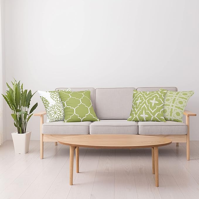 Ambesonne Vintage Throw Pillow Cushion Case Pack of 4, Monochrome Design Grid Trellis Quatrefoil Mesh and Dahlia Flowers Modern, Modern Accent Double-Sided Digital Printing, 18", Olive Green