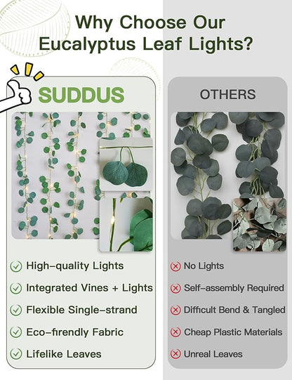 suddus Vines with Lights Battery Operated, 33ft 100 LED Eucalyptus Garland String Lights with Remote, Leaf Lights for Bedroom, Room, Wall, Garden, Party, Wedding Decor (Warm White)