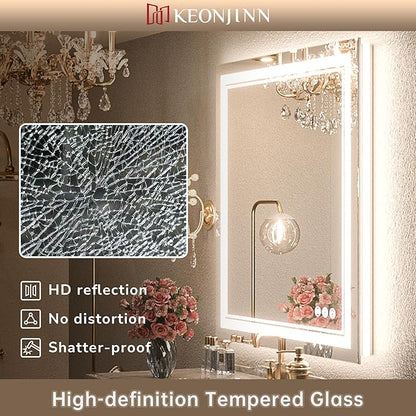 Keonjinn LED Bathroom Mirror with Light, 28x36 in Frontlit and Backlit, Stepless 3 Colors Temperature & Dimmable Wall Mirror, UL Listed LED Driver, Double LED Strips, Tempered Glass LED Vanity Mirror