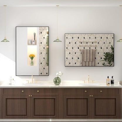24x36 Inch Black Metal Bathroom Vanity Mirror for Wall, Black Matte Framed Rectangular Mirror, Anti-Rust, Square Corner, Hangs Vertically or Horizontally