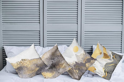 Ambesonne Marble Print Throw Pillow Cushion Case Pack of 4, Modern Art Design Paintbrush Stains Look with Mountains and Sun, Modern Accent Double-Sided Digital Printing, 16", Mustard and Taupe Grey