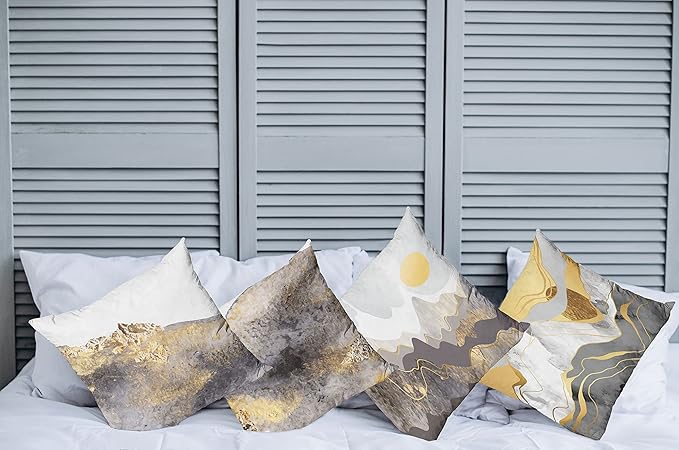 Ambesonne Marble Print Throw Pillow Cushion Case Pack of 4, Modern Art Design Paintbrush Stains Look with Mountains and Sun, Modern Accent Double-Sided Digital Printing, 24", Mustard and Taupe Grey