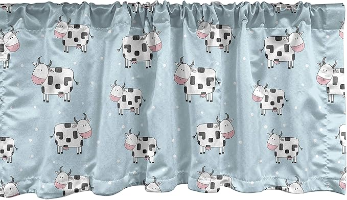 Lunarable Cows Window Valance, Repetitive Animal in Cartoon Style Farm Creatures, Curtain Valance for Kitchen Bedroom Decor with Rod Pocket, 54" X 18", Blue Pink