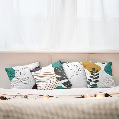 Ambesonne Minimal Throw Pillow Cushion Case Pack of 4, Modern Line Art Woman Portrait Contemporary Leafy Geometric Details, Modern Accent Double-Sided Digital Printing, 24", Teal Dark Purple Mustard