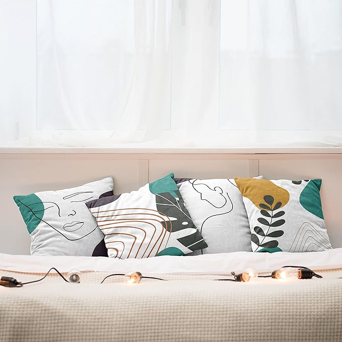 Ambesonne Minimal Throw Pillow Cushion Case Pack of 4, Modern Line Art Woman Portrait Contemporary Leafy Geometric Details, Modern Accent Double-Sided Digital Printing, 18", Teal Dark Purple Mustard