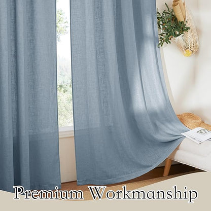 RYB HOME Linen Curtains 95 inch Length for Living Room Bedroom, Light Filtering Half Privacy Rustic Extra Long Elegant Semi Sheer for Kitchen Bathroom, W 100 x L 95 inches, Dusty Blue, 1 Panel