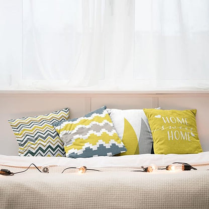 Ambesonne Modern Throw Pillow Cushion Case Pack of 4, Geometric Style Pattern of Triangles Zigzags Love Home Phrase Print, Modern Accent Double-Sided Digital Printing, 16", Yellow Slate Blue and Tan