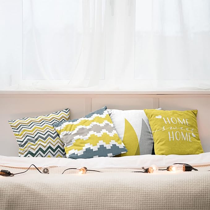 Ambesonne Modern Throw Pillow Cushion Case Pack of 4, Geometric Style Pattern of Triangles Zigzags Love Home Phrase Print, Modern Accent Double-Sided Digital Printing, 18", Yellow Slate Blue and Tan