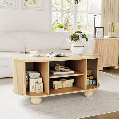 Rectangle Coffee Table, Fluted Coffee Tables for Living Room, Mid-Century Coffee Table Center Table with Storage & Sliding Doors for Apartment, Home Office (Natural)