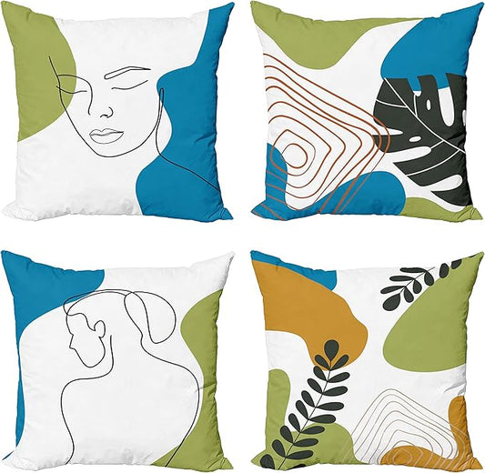 Ambesonne Minimal Throw Pillow Cushion Case Pack of 4, Modern Line Art Woman Portrait with Contemporary Leafy Geometric Details, Modern Accent Double-Sided Digital Printing, 24", Blue Green Marigold