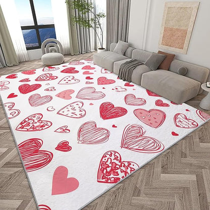Area Rugs for Living Room 5x8 ft Cartoon Hand-Painted Red Love Washable Area Rug, Non Slip Floor Carpet, Ultra Soft Low Pile Rugs, for Bedroom, Dining Room, Office, Home Decor Rug