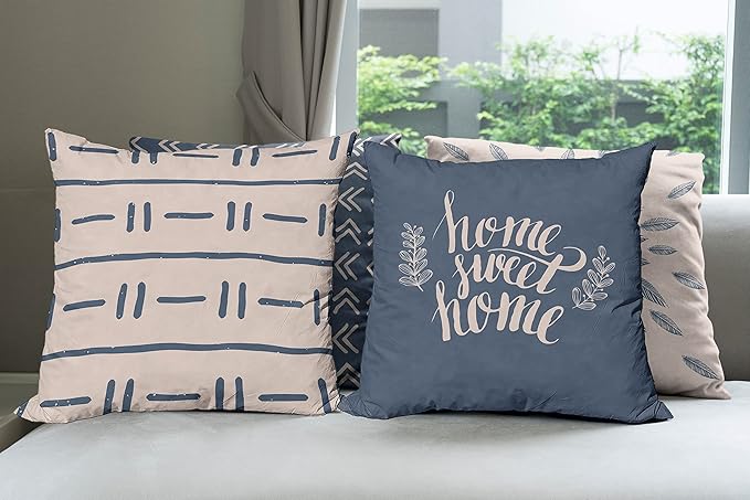 Ambesonne Modern Throw Pillow Cushion Case Pack of 4, Scandinavian Minimal Ornaments Boho Feather Leaves and Home Phrase, Modern Accent Double-Sided Digital Printing, 20", Pale Tan and Slate Blue