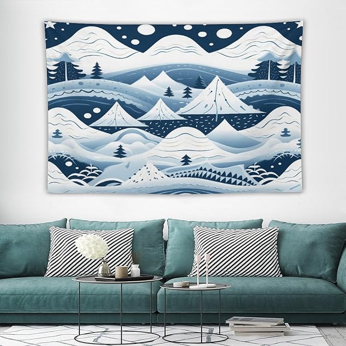 Snow Mountain Scandinavian Winter Tapestries Hello Winter Holiday Bedroom Tapestries Landscape Tapestry Wall Art Decor for Bedroom Living Room Dorm 60"x90" Tapestries Winter Snowflake Decorative