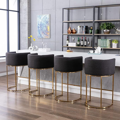 Modern Counter Height Linen Upholstered Bar Stools Set of 2, 32" Kitchen Counter Island Stools Bar Chairs with Gold Metal Frame for Kitchen Island, Charcoal