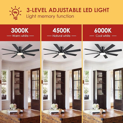 Ceiling Fans with Lights- 52" Low Profile Indoor Ceiling Fan with Light and Remote/APP Control, 8 Blade,Flush Mount, LED Dimmable DC Reversible Modern Ceiling Fan for Bedroom（Black）