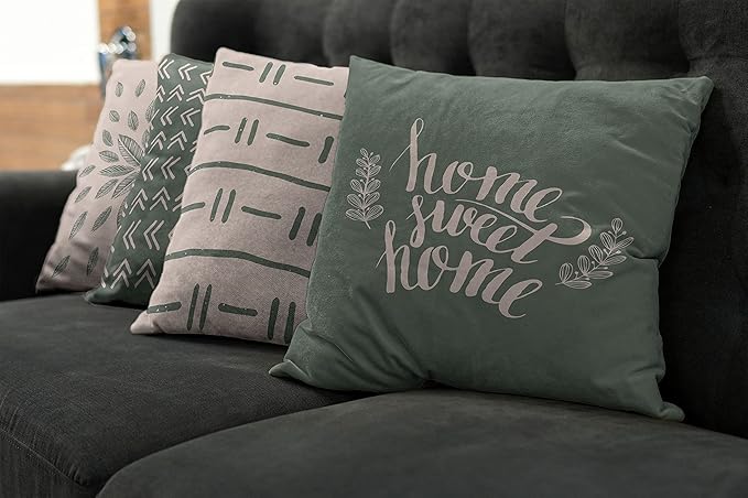 Ambesonne Modern Throw Pillow Cushion Case Pack of 4, Scandinavian Minimal Ornaments Boho Feather Leaves and Home Phrase, Modern Accent Double-Sided Digital Printing, 24", Pale Tan and Reseda Green