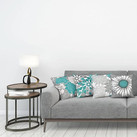 Ambesonne Floral Throw Pillow Cushion Case Pack of 4, Flower Petals Modern Color Palette Chamomile Peony Dahlia and Sunflower Print, Modern Accent Double-Sided Digital Printing, 16", Grey Dark Seafoam