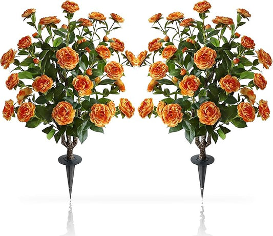 36" Artificial Camellia Tree, 2 Pack Soil Insertion w/Spike,30 Blooming Flowers Plants,Faux Floral Plant Blooming Tree in Cement Pot, Greenery Potted Plant for Indoor Outdoor Office Home Porch Decor