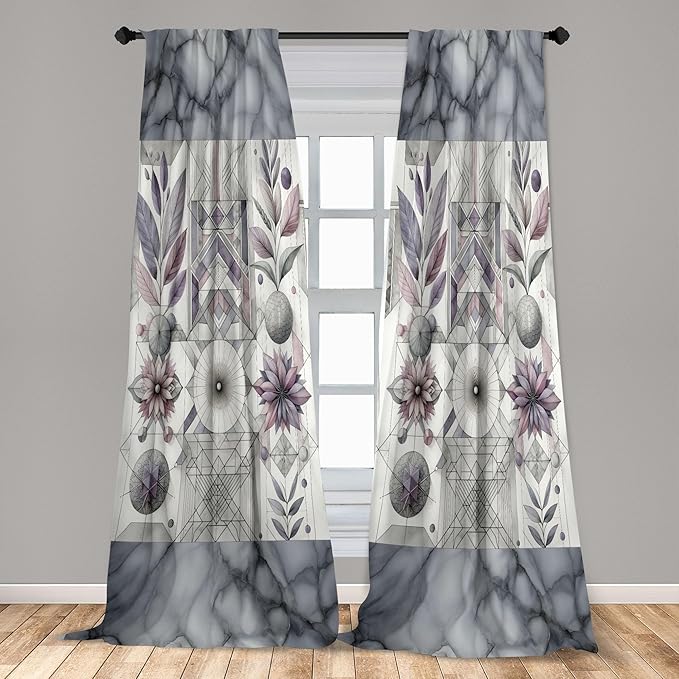 Ambesonne Geometric Floral Window Curtains, Classic Marble Print Ornate Leafy Flowers and Futurist Stripes, Lightweight Decor 2-Panel Set with Rod Pocket, Pair of - 28" x 84", Ceil Blue Laurel Green