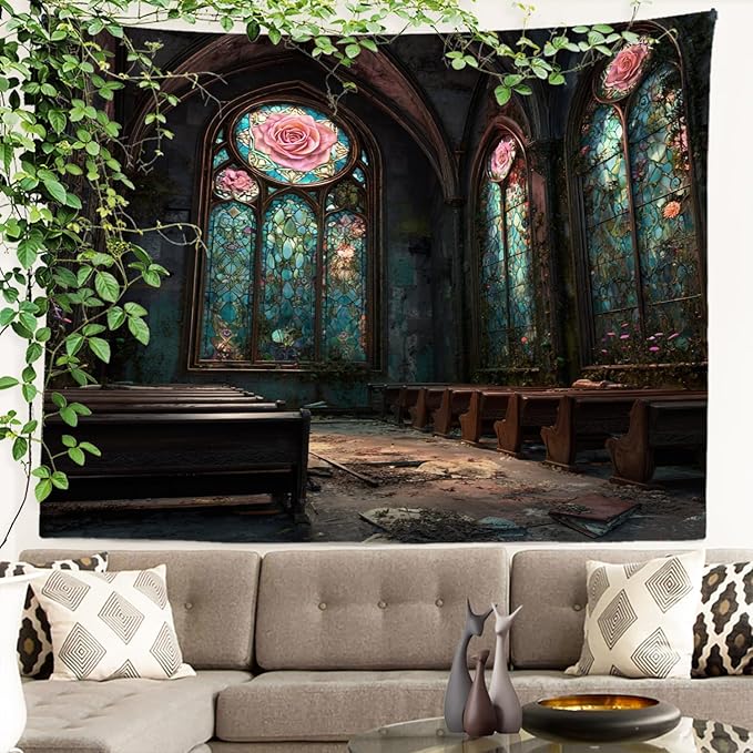 Batmerry Abandoned Chapel Tapestry, Stained Glass Roses Broken Pews Wall Art Hanging Decoration Polyester Fiber White Ruffled Around for Dorm Room Bedroom Living Room, 39.1x59.1 inches