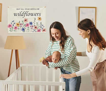 Nursery Rectangular Canvas Banner-Flag Wall Sign for Kids Toddler Boy Girl-Baby Room Above Crib Bedroom Dorm Wall Decor-Baby Shower Birthday Christmas Gift-May All Your Weeds Be Wildflowers