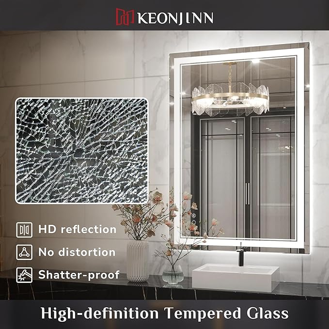 Keonjinn Lighted Bathroom Mirror, 42 x 32 Inch Bathroom LED Mirror with Lights, Frontlit Only, HD Tempered Glass, UL-Listed LED Driver, Anti-Fog, 6000K Dimmale, Easy Installation(Horizontal/Vertical)