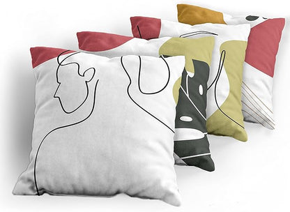 Ambesonne Minimal Throw Pillow Cushion Case Pack of 4, Modern Line Art Woman Portrait Contemporary Leafy Geometric Details, Modern Accent Double-Sided Digital Printing, 16", Olive Green and Dark Coral
