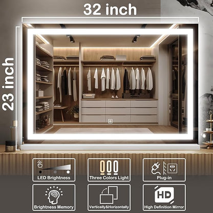 FENNIO Large Vanity Mirror with Lights，32" x 22"Lighted Makeup Mirror, Large Makeup Mirror with Lights, Touch Sensor with Dimmable 3 Modes， Vanity Mirror Square White