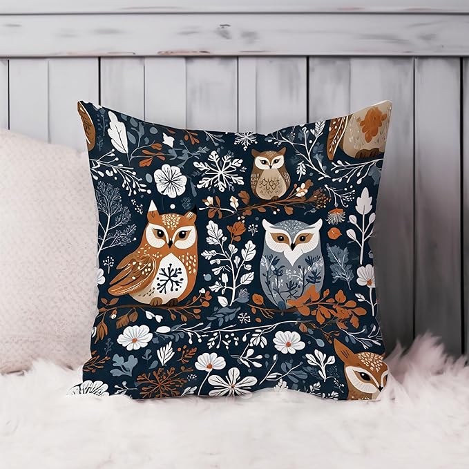 Ethan Taylor Animals Throw Pillow Soft Cushion Cover 'Own Garden Birds Owl' Scandinavian Pattern Decorative Square Accent Pillow Case, 20x20 Inches, Blue, Orange