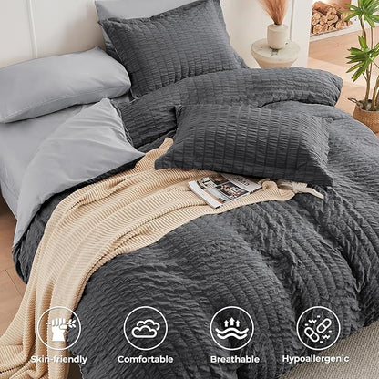 HYMOKEGE Dark Grey/Light Grey Twin XL Comforter Set Seersucker 5 Pieces, All Season Luxury Bed in a Bag for Bedroom, Bedding Set with Comforter, Sheets, Pillowcase & Sham