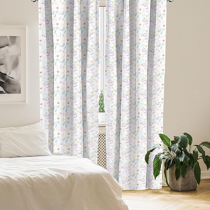 Ambesonne Cartoon Curtains, Drawing Style Elephants Teddy Bears Flowers Butterflies Bees Pattern, Window Treatments 2 Panel Set for Living Room Bedroom, Pair of - 28" x 95", Blue White