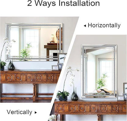 Rectangular Large Decorative Mirror for Decor, 28" X 40" Living Room Wall Mirror with Crystal Glass Frame, Beveled Unique Glamourous Elegant Design, Bathroom, Entrance, Bedroom Decor