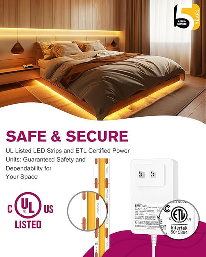 EMITEVER COB LED Strip Lights Kit Warm White with Remote & 24V Power Supply,16.4ft Dimmable Tape Light 2700K, High Density 2400LEDs, 300+LM/FT, CRI90+, Suitable for Bedroom Kitchen Cabinet Lighting