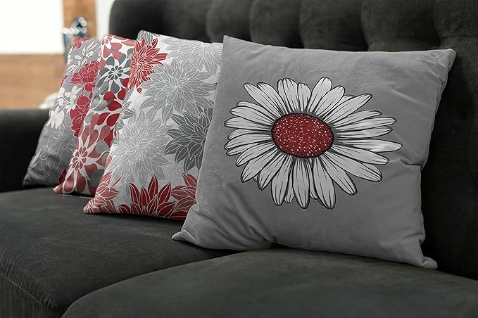 Ambesonne Floral Throw Pillow Cushion Case Pack of 4, Flower Petals Modern Color Palette Chamomile Peony Dahlia and Sunflower Print, Modern Accent Double-Sided Digital Printing, 24", Grey Dark Pink