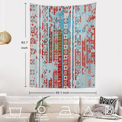 Batmerry Blue Grey Boho Garbage Tapestry, Red Wall Art Hanging Decoration Polyester Fiber White Ruffled Around for Dorm Room Bedroom Living Room, 82.7x59.1 inches
