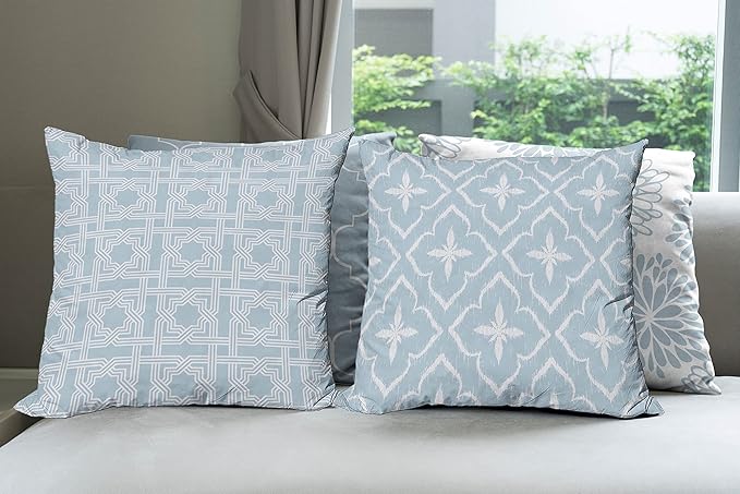 Ambesonne Vintage Throw Pillow Cushion Case Pack of 4, Monochrome Design Grid Trellis Quatrefoil Mesh and Dahlia Flowers Modern, Modern Accent Double-Sided Digital Printing, 20", Pale Cadet Blue White