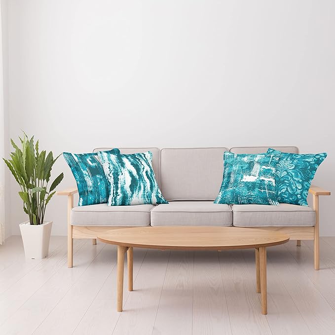 Ambesonne Vintage Throw Pillow Cushion Case Pack of 4, Abstract Grunge Effect Brushstrokes and Waving Striping Stains Paisley Drops, Modern Accent Double-Sided Digital Printing, 24", Teal Turquoise