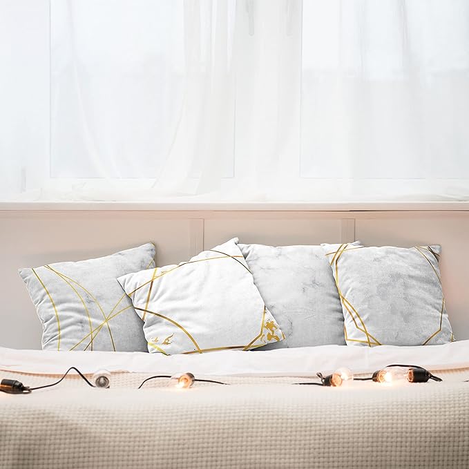 Ambesonne Marble Throw Pillow Cushion Case Pack of 4, Modern Design Illustration of Geometric Golden Yellow Tone Lines Shapes, Modern Accent Double-Sided Digital Printing, 18", Grey Mustard