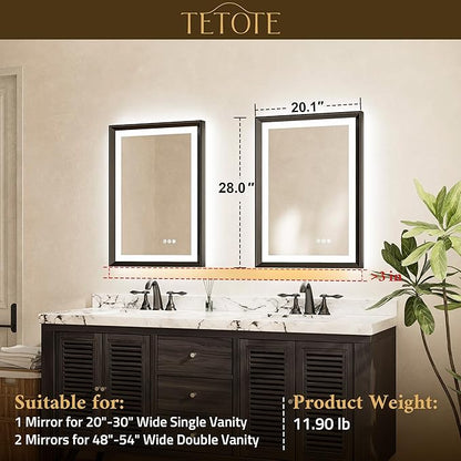 TETOTE Gold LED Mirror for Bathroom 20x28 Metal Frame Frontlit & Backlit Lighted Vanity Mirror Baroque Anti Fog Stepless Dimmable White/Warm/Natural,CRI90+,Wall Mounted(Horizontal/Vertical)